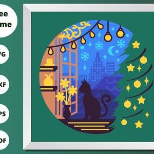 Katze in den Fenstern Shadow Box SVG/ Lustiges Katzen-Weihnachtsgeschenk/ Weihnachts-Cricut-Projekt/ 3D-Layer-SVG/ Für Cricut/ Für Silhouette