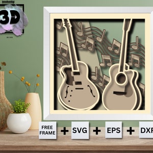 3D-monteur GITAAR Svg / Gitaar Multilayer SVG / Gitaar mandala Laser Cut Home Decor Digitale Download Svg