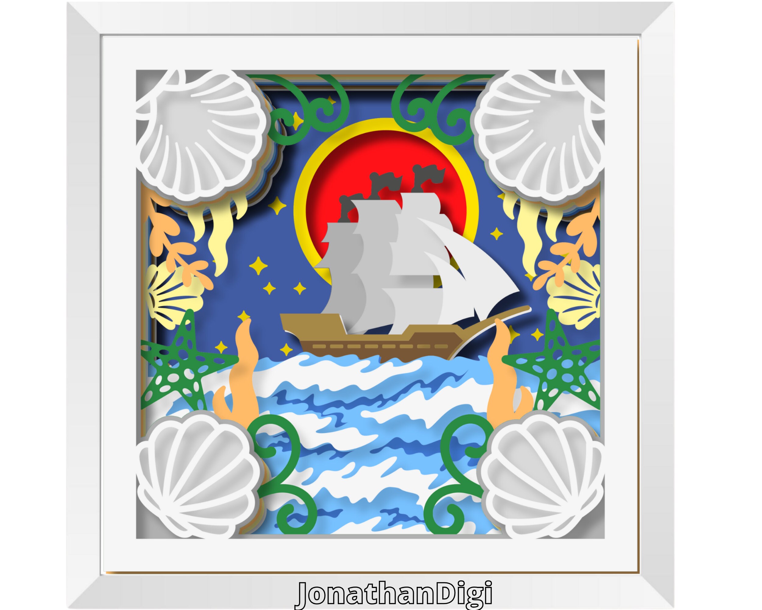 3D SVG Ship Shadow Box, Ocean Theme SVG, Nautical Shadow Box, SVG Beach ...