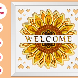 Scatola d'ombra di girasole di benvenuto 3D, floreale in formato Svg, girasole in formato SVG cricut, arredamento del cartello di benvenuto, estate in formato SVG, file per Cricut e Silhouette