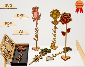 Paquet de roses personnalisé SVG | 3 roses découpées au laser + support + coffret cadeau | Nom modifiable Fleur de Saint-Valentin | Téléchargement numérique pour Glowforge