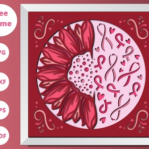 Nastro 3D per la consapevolezza del cancro in formato Svg, Sunflower Shadow Box in formato SVG, Consapevolezza in formato SVG, Nastro rosa in formato SVG, per Cricut e Silhouette
