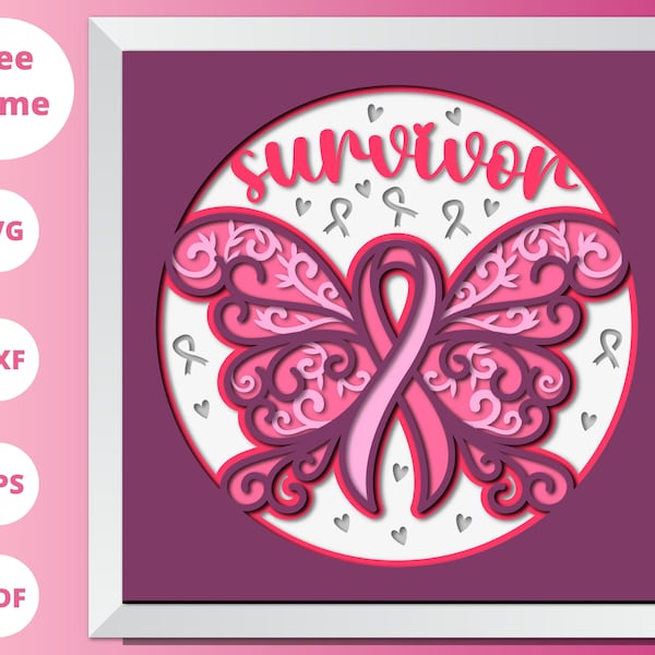 3D Butterfly Cancer Awareness Svg, Pink Ribbon Shadow Box Svg, Layered Paper Art, For Cricut and Silhouette