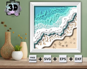 3D SEA WAVE Beach SVG Shadow Box, plage svg, mer svg, vague svg, cricut et silhouette fichier de coupe