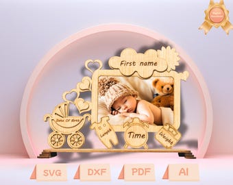 Cadre photo d'annonce de bébé SVG | Fichiers découpés au laser Child Metrica | Modèle de cadre de détails de naissance d'un nouveau-né | Téléchargement numérique | Jonathandigi