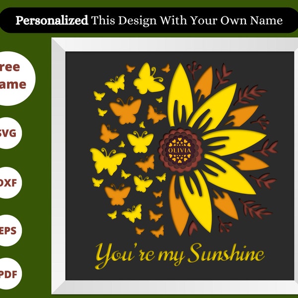 3D Butterflies Sunflower SVG, Custom Name, layered shadow box svg, Mothers Day Shadow Box, Valentine's Day Craft, for Cricut, for Silhouette
