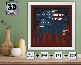 Elk Flag Shadow Box SVG, American Elk Hunting SVG, 3D American Flag Elk SVG, Papier cartonné en couches découpé pour Cricut