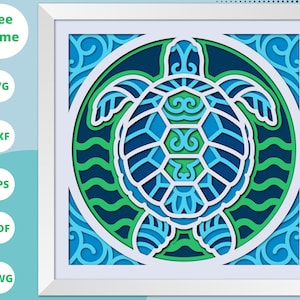 May include: A white paper cut-out design of a sea turtle with blue and green accents. The turtle is surrounded by a circle of waves and swirls.