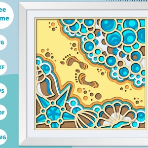 Puede incluir: Un diseño de corte de papel en capas que presenta una concha, una estrella de mar y huellas en la arena. El diseño está en tonos de azul, marrón y amarillo.