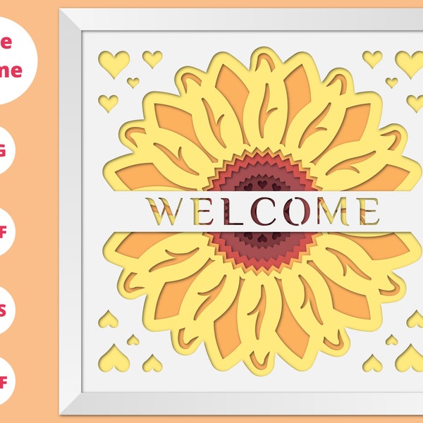 3D Sunflower Welcome Shadow Box, Floral Svg, 3d sunflower svg cricut, Welcome Sign, Summer decor, Files For Cricut and Silhouette