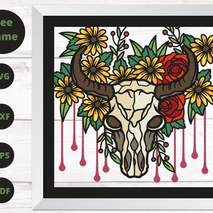 May include: A white bull skull with horns is surrounded by yellow and red flowers. The skull is outlined in black and has a dripping blood effect.