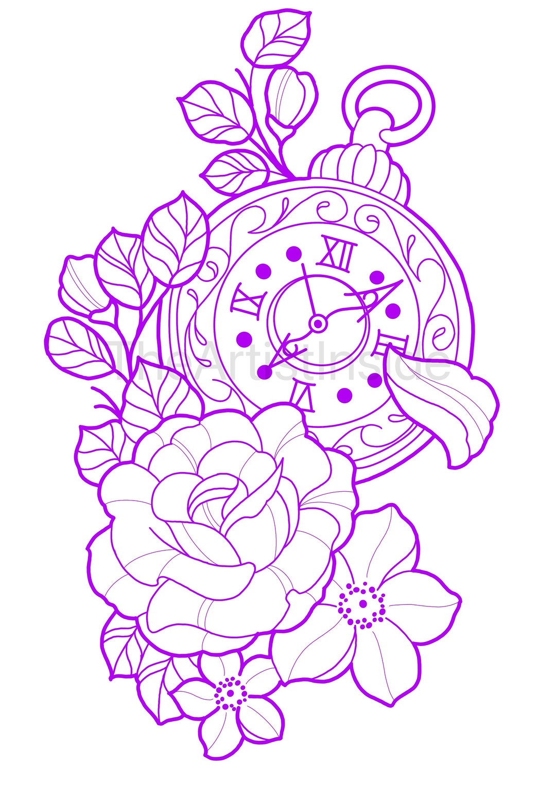 Floral Pocket Watch Tattoo Stencil Etsy