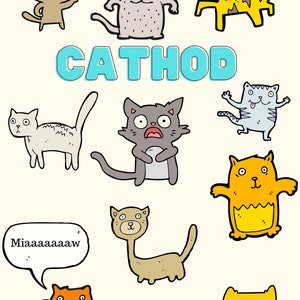 Puede incluir: Ilustración de dibujos animados de gatos en varias poses y colores, incluyendo beige, gris, amarillo y naranja. Un gato lleva gafas de sol rosas. La palabra "CATHOD" está escrita en azul. Un bocadillo dice "Miaaaaaaaw".