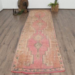 Vintage Turkish Runner Rug, 3x11 ft, Pink Anatolian Oushak, Handmade Hallway Decor, Tribal Design, Soft Colors, Unique Abstract Pattern