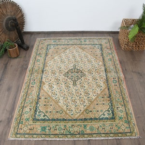Accent Rug Turkish Vintage Antique Rugs For Bedroom 3.5x4.9 ft Beige Kitchen Tribal Natural Ethnic Boho Office Turkish Rug for Wall Old
