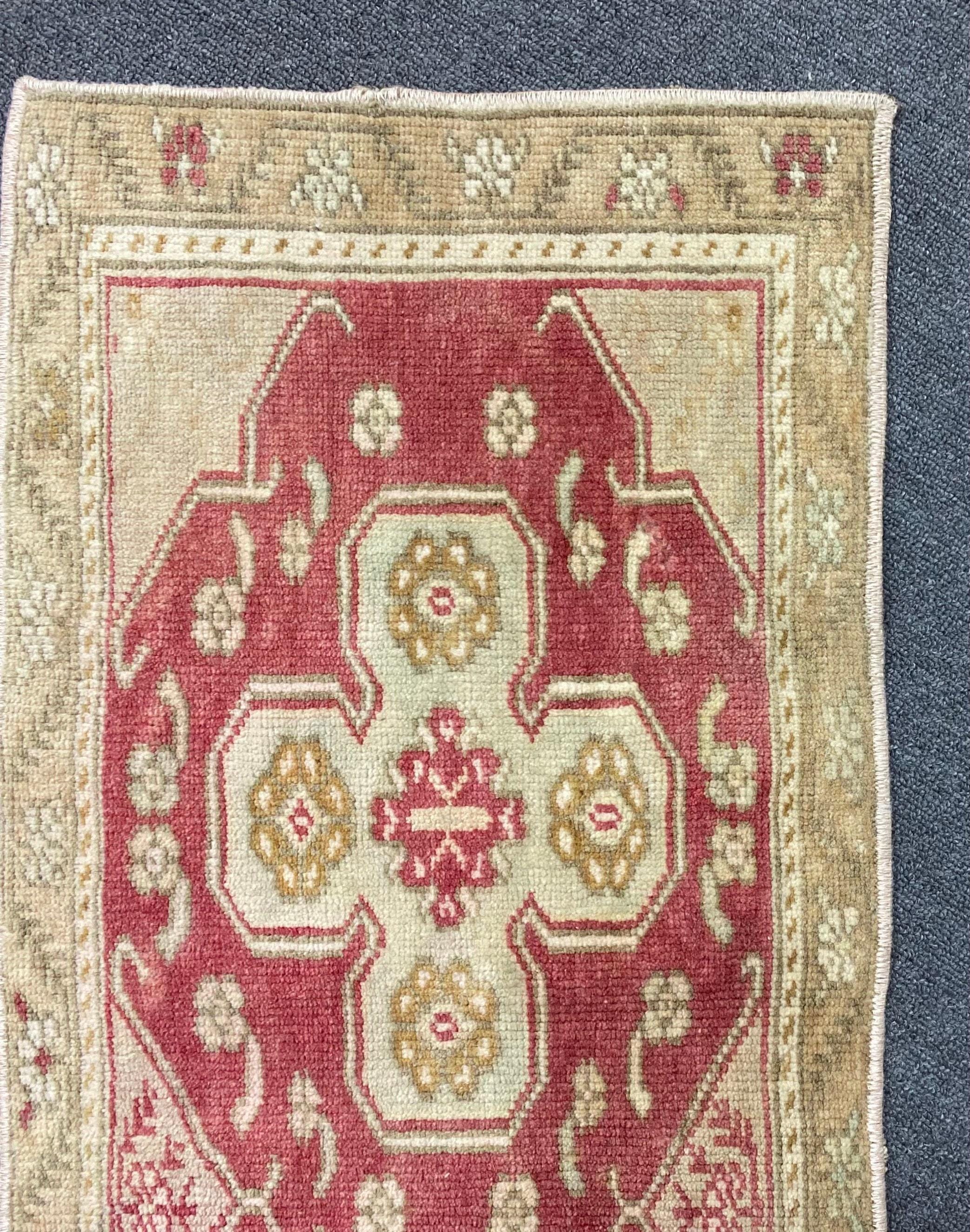 Turkish Vintage Rug, 1.3x3.2 Ft Small Rug, Red Beige Bordered Rug
