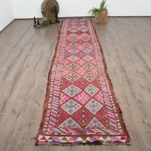 Vintage Turkish Runner Rug, Handwoven Hallway Rug 3x13 ft, Pink Turkish Kilim, Bohemian Farmhouse Decor, Anatolian Office Floor Mat