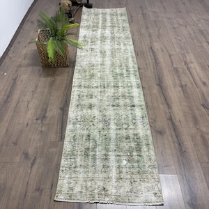 Vintage Rug, Turkish Rug, 2x10 Runner Rugs, Antique Rugs, Rugs For Stair, 2.3x9.9 ft Green Rug, Neutral Scandinavian Style Rug, Oushak Rug,