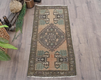 Piccolo tappeto vintage, 45x97 cm, tappeto turco, tappeto in lana mimetico verde