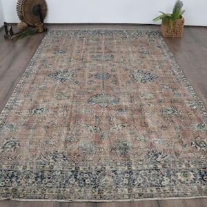 Vintage Turkish Rug for Living Room, Large 6x11 ft, Beige Floral Design, Handmade Boho Decor, Elegant Home Office Carpet