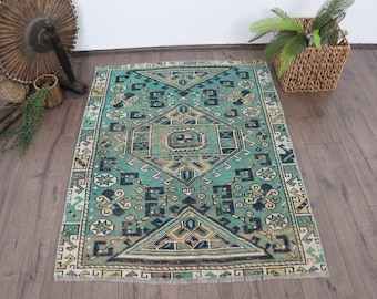 Turkish Rug Vintage Small Rugs Antique For Bedroom 3.4x4.4 ft Blue Floor Bath Mat Cute Designer Bright Tribal Vintage Morroccon