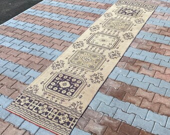 3x12 Long Turkish Runner Rug, Vintage Runner, Anatolian, Hand-Made, Oushak Rug, Antique, Runner Rug, Natural, FREE SHIPPING, 2.8x12 ft