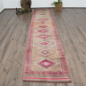 Vintage Turkish Runner Rug, 3x12ft, Antique Design, Unique Geometric Pattern, Red and Beige Tones, Hallway Decor.
