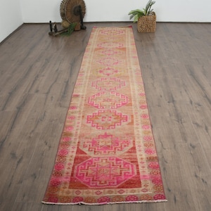 Vintage Turkish Runner Rug, 3x12ft, Pink Geometric Design, Distressed Bohemian Style, Handwoven Wool Carpet, Unique Home Decor