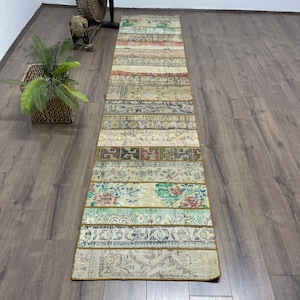 Turkish Rug, 2x10 Runner Rugs, Patchwork Rug, Vintage Rug, Anatolian Rugs, Rugs For Hallway, 2.3x10.5 ft Green Rug, Authentic Turkish Rug,
