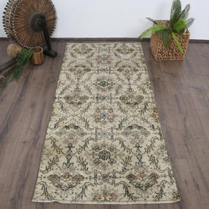 Vintage Turkish Rug, 3x6ft Accent Carpet, Beige and Earth Tones, Ornate Floral Pattern, Traditional Home Decor, Handmade Hallway Runner