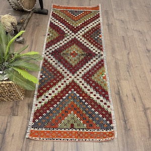 Vintage Kilim Rug 6x2.2 ft, Red Orange Check Wool Turkish Rug