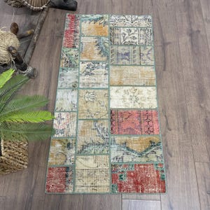 Vintage Turkish Rug, Patchwork Design, Multi-Color, 2x4ft, Door Mat, Handmade Bohemian Carpet, Recycled Materials, Rustic Decor
