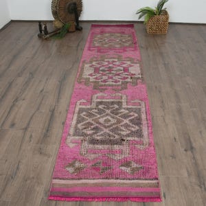 Turkish Runner Rug, Vintage Hallway 2x11 ft, Pink Distressed Wool, Handmade Oushak Carpet, Colorful Kilim Traditional Style
