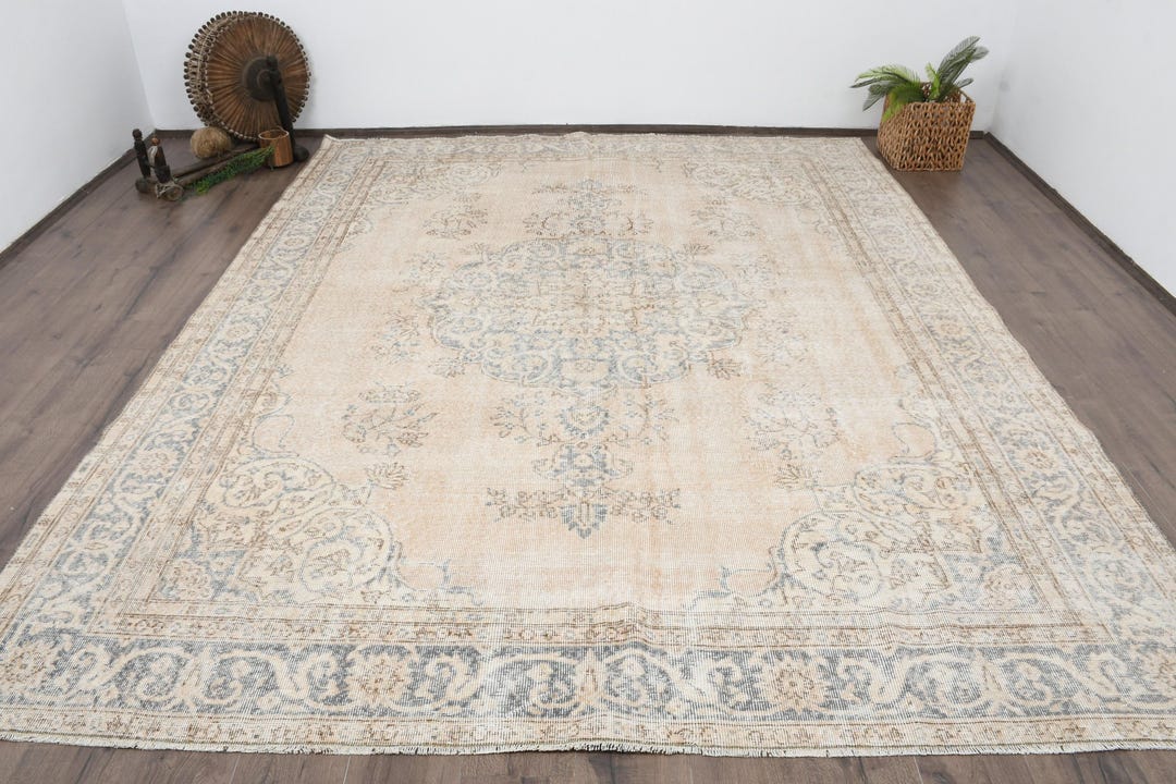 ベージュ　メダリオンヴィンテージラグ　トルコラグ iichi限定】トルコヴィンテージラグ ネイビーブルー×ベージュ