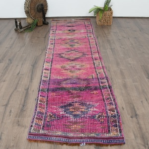Vintage Turkish Runner Rug, Vibrant Pink and Geometric Patterns, 3x10ft, Handmade Floor Decor, Bohemian Hallway Accent, Oriental Design