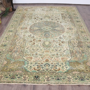 ヴィンテージトルコ絨毯、6.5×9.3フィートの大型絨毯、グリーンのパッチワーク絨毯