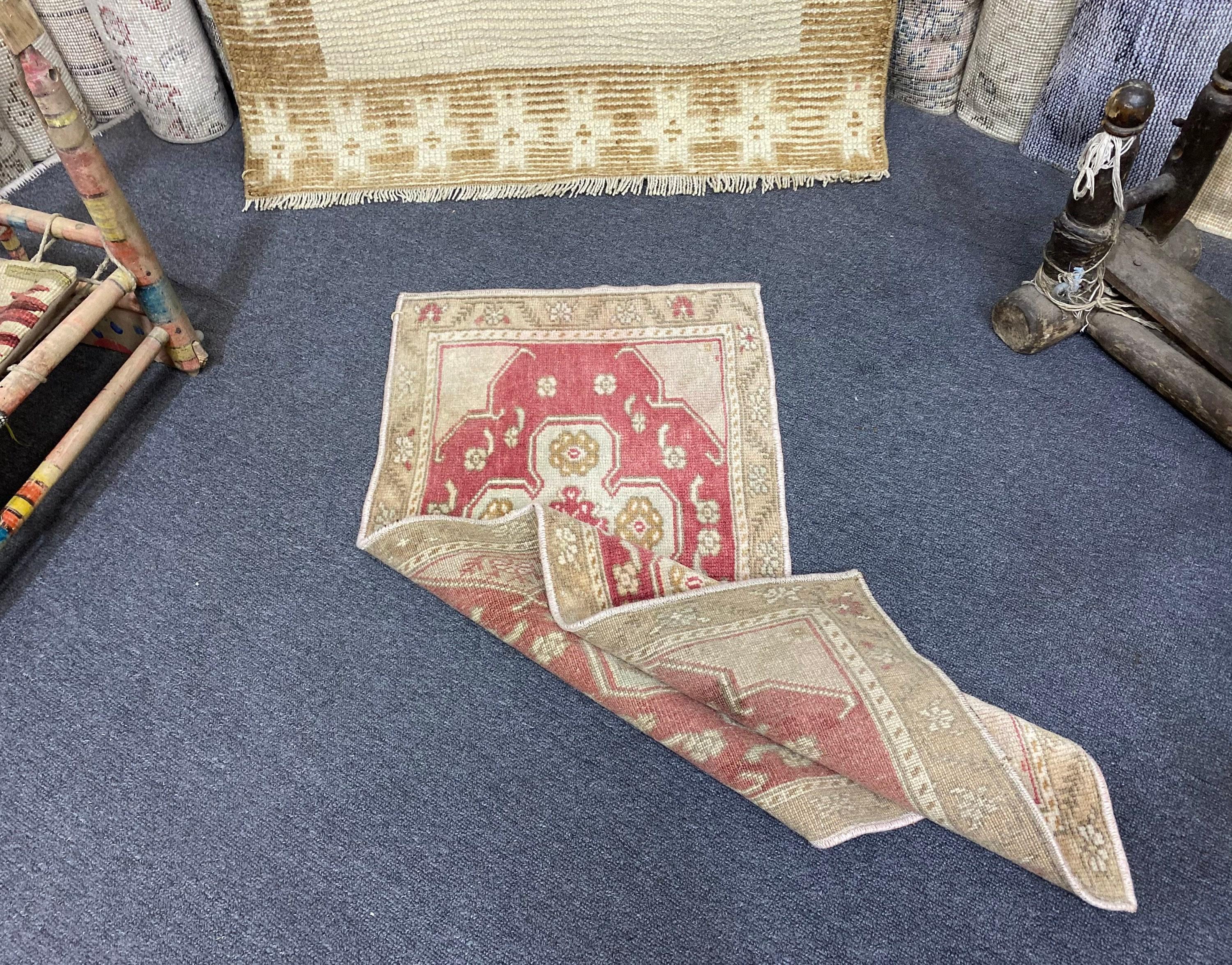 Turkish Vintage Rug, 1.3x3.2 Ft Small Rug, Red Beige Bordered Rug