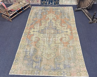 Vintage Rug, 4.1x7.3 ft Area Rug, Blue Orange Wool Rug