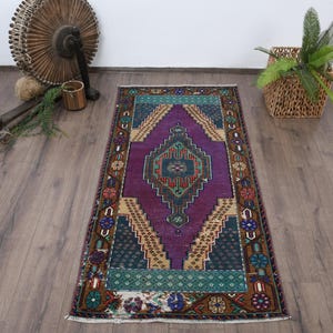 Vintage Turkish Rug, Handmade Anatolian Carpet 2x5ft, Purple Bohemian Decor, Small Area Rug, Unique Turkish Floor Mat, Ethnic Home Decor