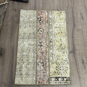 1.5x2.4 ft Vintage Rug, Turkish Small Rug, Brown White Plants & trees Rug