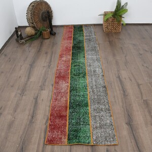 Vintage Runner Rug, Multicolor Red Green Gray, Turkish Hallway Carpet, 2x9ft Long, Unique Bohemian Design, Distressed Look, Home Decor