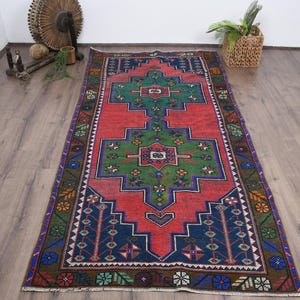 Vintage Turkish Area Rug, 4x8ft, Red and Green Geometric Design, Handmade Wool Carpet, Bohemian Home Decor, Ethnic Pattern Rug