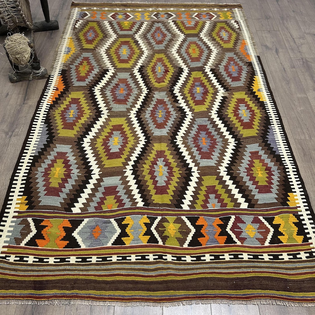 Turkish Large Rug 4.9x8.2 Ft, Vintage Kilim Green Check Wool Rug - Etsy