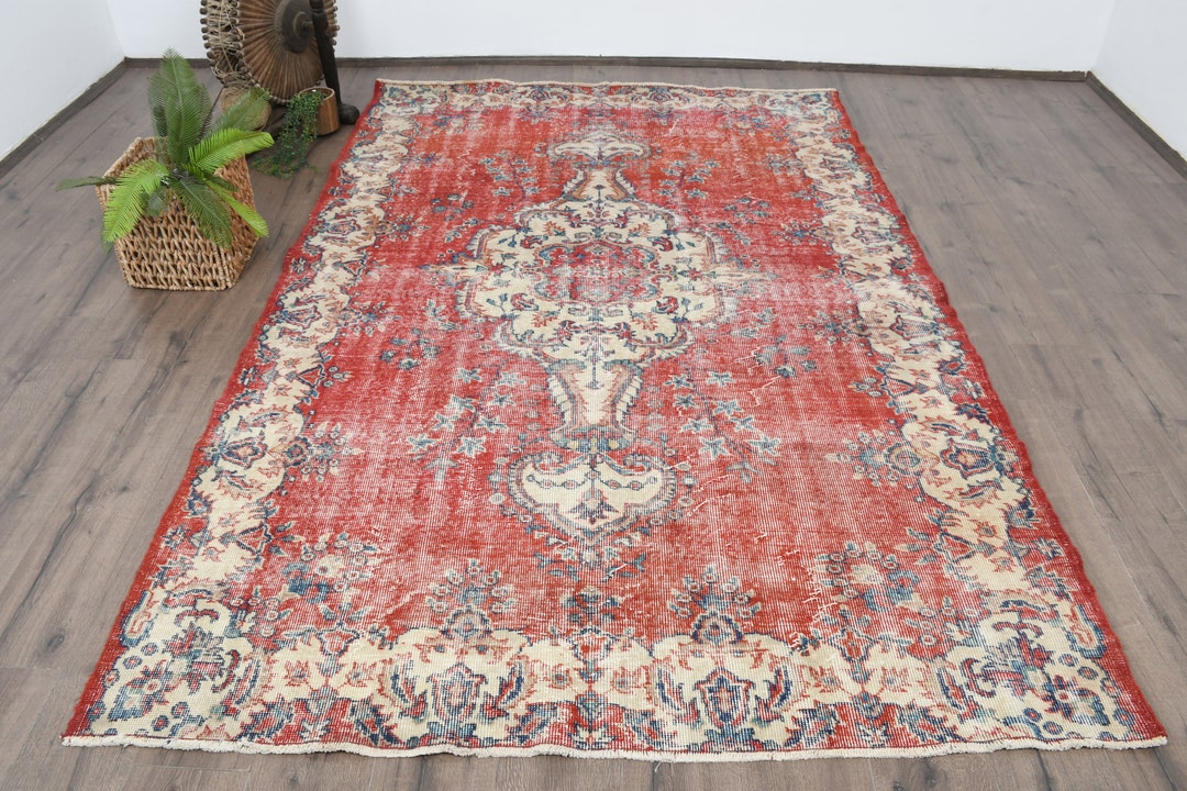 Large Antique Rug Vintage Rug Large Rugs Turkish Antique for Living Room 5.8x9.1 Ft Red ...