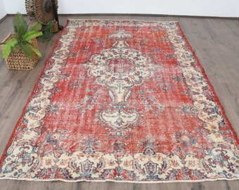 Vintage Rug Large Rugs Turkish Antique For Living Room 5.8x9.1 ft Red Bedroom Vintage Handmade Aesthetic Muted Distressed Home Decor Old