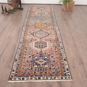 Turkish Vintage Rug, Runner 2.8x10.3 ft (86x314 cm) Rug, Blue Patchwork Wool Rug