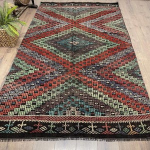Turks vloerkleed, 5,5 x 9,5 ft groot vintage vloerkleed, kelim roodblauw ikat-tapijt