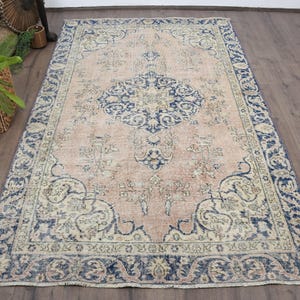 Vintage Turkish Area Rug, 5x8ft, Pastel Peach and Blue, Elegant Floral Design, Handmade Woven Carpet, Home Decor Rug