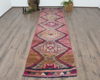 Runner Rugs Turkish Vintage Herki Oushak For Stair 2.9x10.5 ft Pink Moroccan Ethnic Distressed Turkey Handwoven Hand Woven Floor Aesthetic