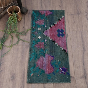 Vintage Turkish Door Mat, Handwoven Rug, 1x3ft, Colorful Geometric Design, Pink and Green, Decorative Floor Accent, Unique Home Decor